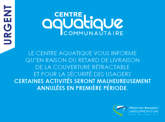 Les cours suspendus pour la première période sont les suivants : 
AQUATELIERBOOST JEUDI 19H
AQUATELIERBOOST LUNDI 19H
VEL’EAU LUNDI 18H, MARDI 16H, MARDI 18H, MERCREDI 12H ET VENDREDI 18H
Pour les personnes déjà inscrites, merci de vous adresser à l’accueil du Centre Aquatique.