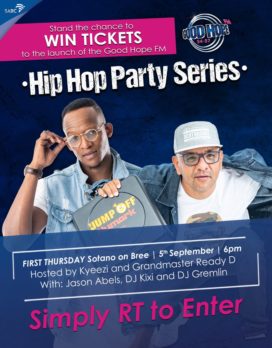 GoodHopeFM's tweet photo. You could win tickets to the launch of the #GHFMHipHop Party on Thursday 5 Sept 2019 at @SotanoCT on Bree.

➡️Simply RT to enter⬅️

🎛️ @DJReadyD
🎤 @kyeezi
🎧 @GREMLIN_za
📀 @DjKixi
💿 @DjJasonAbels

#FirstThursdays
Ts &amp; Cs on https://t.co/hGmldqPX3e https://t.co/TSgShm6zTa