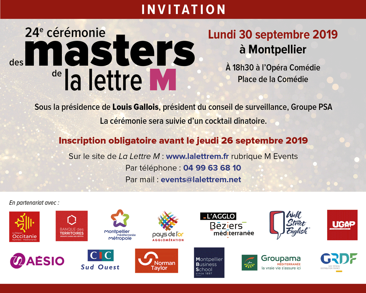 lalettremnews's tweet photo. Prochain RDV>Les #MastersM de #Montpellier à l’Opéra Comédie>Lundi 30 septembre à 18h30 >Sous la présidence de Louis Gallois @GroupePSA >@Occitanie @BanqueDesTerr @Montpellier3m @paysdelor @Agglo_Beziers @WSE_France @ugap @EoviMcd @cic NormanTaylor @Montpellier_BS @Groupama @GRDF https://t.co/ZMvZMhgtR5