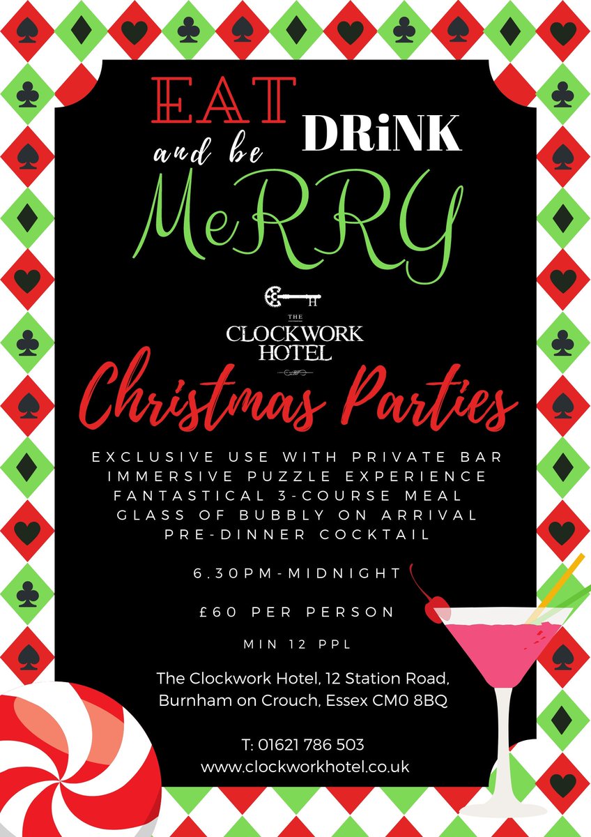 ClockworkHotel's tweet photo. Eat, Drink &amp; Be Merry at The Clockwork Hotel this Christmas! Evening parties and overnight stays available - call 01621 786503🎄

#christmas #party #puzzlehouse #escaperoom #cocktails #hotel #spa #celebration #fun https://t.co/fs3vyw1ewQ