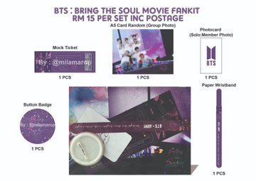 milamarop's tweet photo. [ WTS ] 
Hi 👋🏻 
I’m selling :-
- button badge
- #BRINGTHESOUL_THEMOVIE fankit 
- my personal item (To let go)
(for my personal item, price can nego but not 2 low please 🙏🏻 as I buy it by myself from Seoul)

For serious buyer only 💜

#BTSFankit #BTS #BT21 #WTS https://t.co/QU1E48XrHP