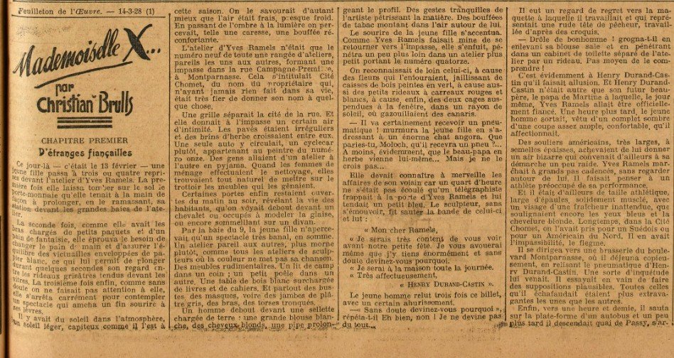 GallicaBnF's tweet photo. "Mademoiselle X", l'un de ces "romans populaires" publiés par #Simenon sous le pseudonyme de Christian Brulls, paraît en feuilleton en 1928 dans le quotidien "L'Oeuvre" => https://t.co/3o9ZMoCGx0 #Simenon30ans https://t.co/pPmcYTr4iL