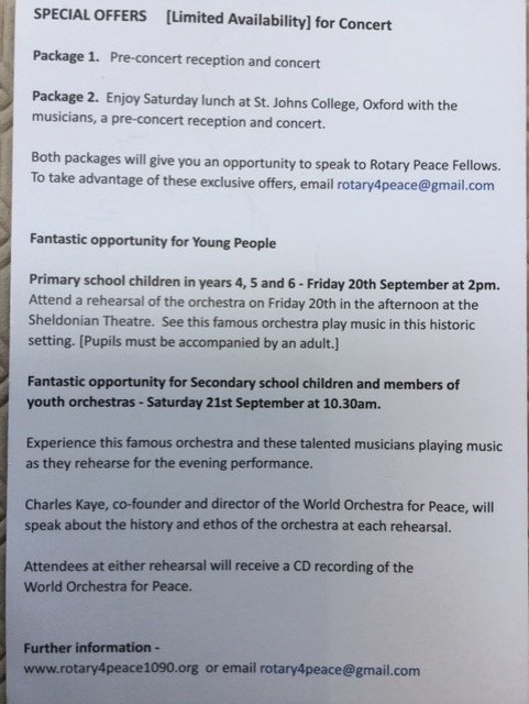#WorldPeace is one of #Rotary's aims.
To raise awareness and funds for this, The World Orchestra for Peace will be performing their only 2019 UK performance at the famous #Sheldonian Theatre, Oxford 21st September. 
A great opportunity to see a great orchestra at a unique venue.