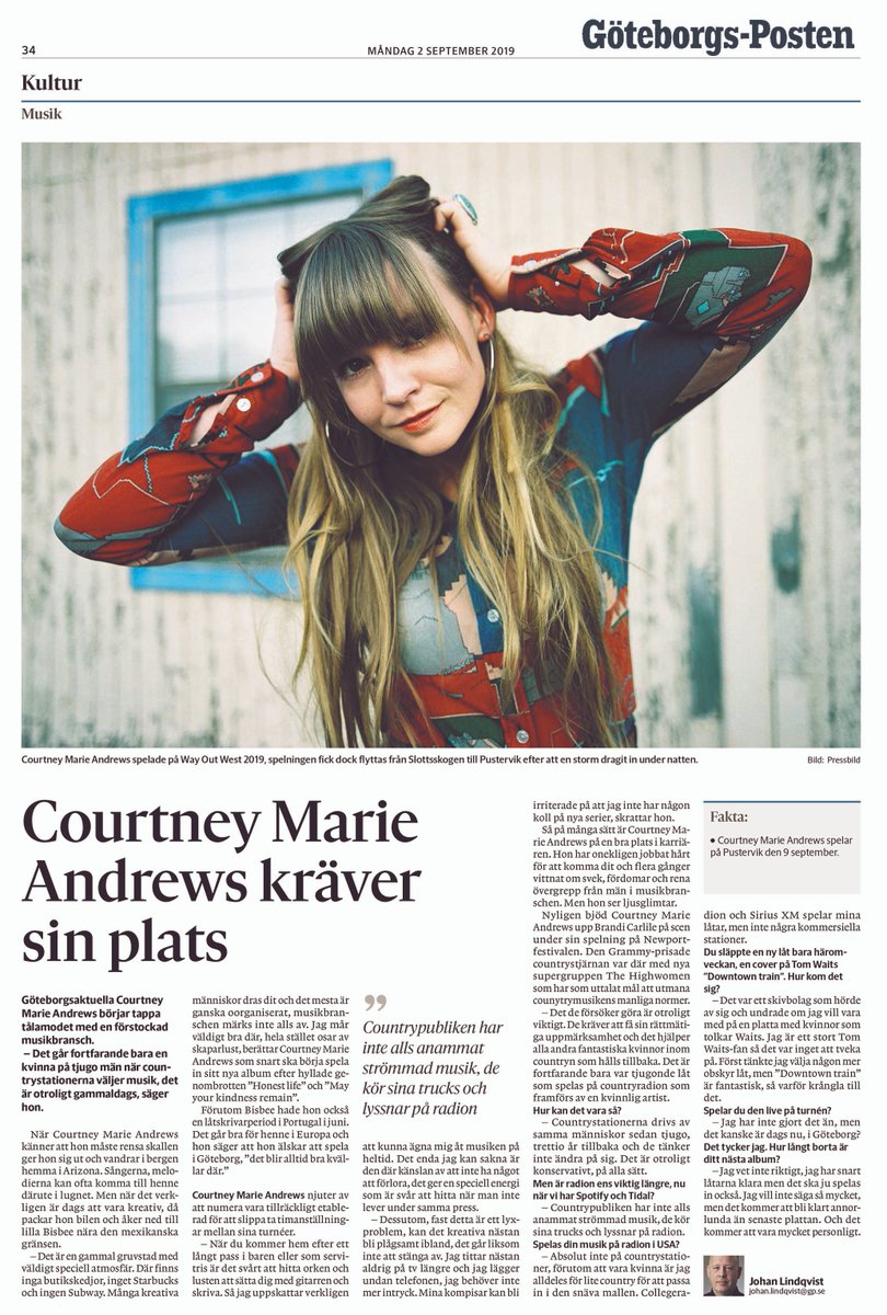 Courtney Marie Andrews taking up a full page in the <a href="/GoteborgsPosten/">Göteborgs-Posten</a> ahead of her show at @Pustervik next Monday.

gp.se/kultur/kultur/…
