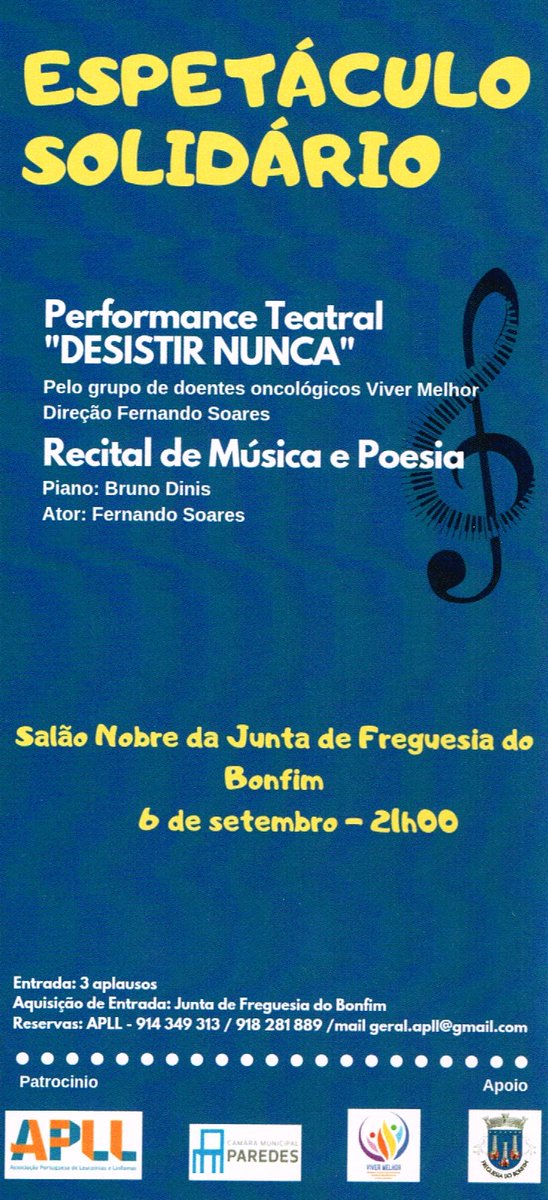 APLL_2016's tweet image. Performance teatral 
"Desistir Nunca" apresentado pelo grupo de doentes oncológicos Viver Melhor é o primeiro evento do mês de setembro. Contamos consigo!