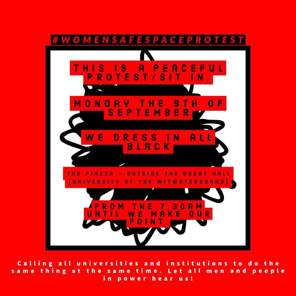 SEBS_Council's tweet photo. There will be a peaceful protest on 9 September 2019 from 07:30 at Wits great hall piazza until women’s voice are heard.
#WSSProtest #Womensafespaceprotest #SAShutdown #shutdownsouthafrica #Hatfield #AmINext #UyineneMrwetyana #RIPUyinene https://t.co/tlv2GDx9Ka