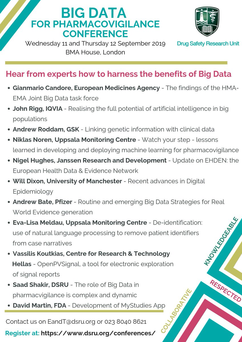 DSRUDrugSafety's tweet photo. Artificial Intelligence has a key role to play in harnessing #BigData for #Pharmacovigilance. Hear John Rigg @IQVIA on realising the full potential of artificial intelligence in big populations at our #BigDataforPV2 conference next week https://t.co/MSiTHn2Ial https://t.co/ajrDgOVQEK