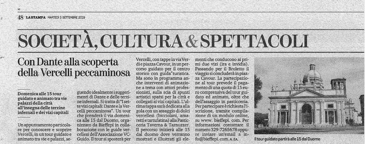VCGuido's tweet image. Su La Stampa si parla dell'itinerario che abbiamo progettato in collaborazione con @Bieffepi_Eventi  in programma per domenica 8/9.Affrettatevi a prenotare! @StampaVercelli @ATLValsesiaVC #piemonte #vercelli #dante #7vizicapitali #visiteguidate #guidedtour #vercellipeccaminosa