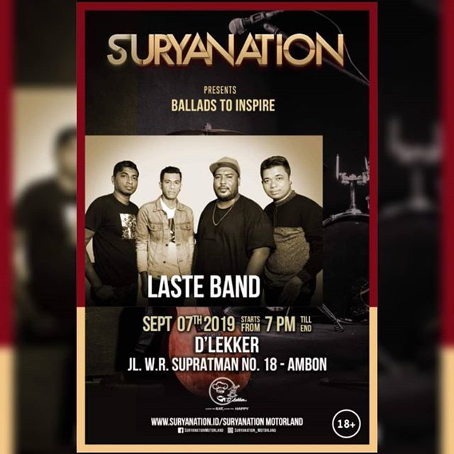 malukuevent's tweet photo. SURYANATION Presents "BALLADS TO INSPIRE"
..
Menampilkan, @bandlaste
..
Sabtu, 7 September 2019
Pukul 19.00 WIT - Selesai
Di D'Lekker Cafe @d_lekker_ambon , Jl. W.R. Supratman No.18 - Ambon
..
#eventmaluku #malukuevent #suryanation #suryanationmotorland … https://t.co/F9G2tk9KTv https://t.co/u3ISQthiQW