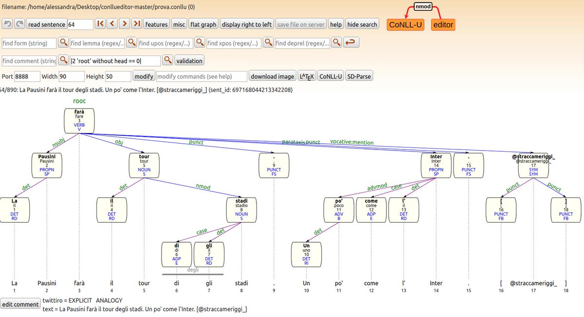 ale_t_cig's tweet image. #backtowork and using #ConlluEditor! Amazing tool for annotation in Universal Dependencies. Recently presented at #SyntaxFest2019. Surely the best (&amp;amp; most complete) UD tool I&apos;ve used so far! Kudos to Johannes Heinecke for developing it!! 🙌 *