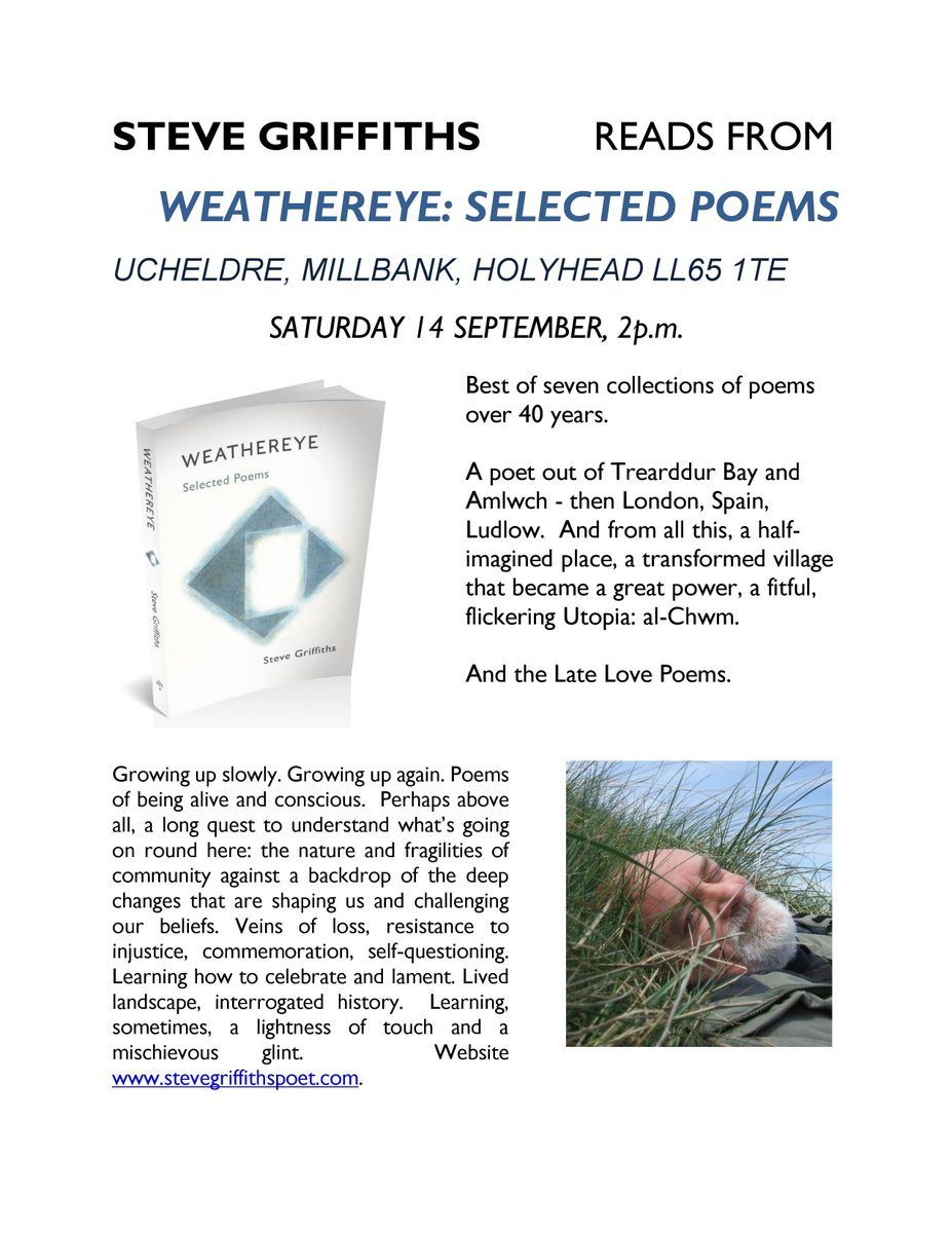 grifusion's tweet photo. Looking forward to reading from Weathereye: Selected Poems, best of 7 collections over 40 years, many poems lit by the spirit of Ynys Môn - at Ucheldre, Holyhead, Saturday 14th September 2pm @HolyheadMail @Holyhead_Art @Oriel_Mon @NorthWalesChron @northwaleslive @WeAreAnglesey https://t.co/LfzpqNGv39