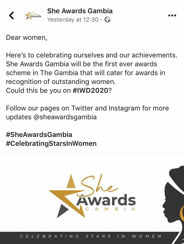 jengsaala1's tweet photo. A platform to celebrate women and recognise their participation accross all works of life.
#SheAwardsGambia https://t.co/h7KgPxxPES