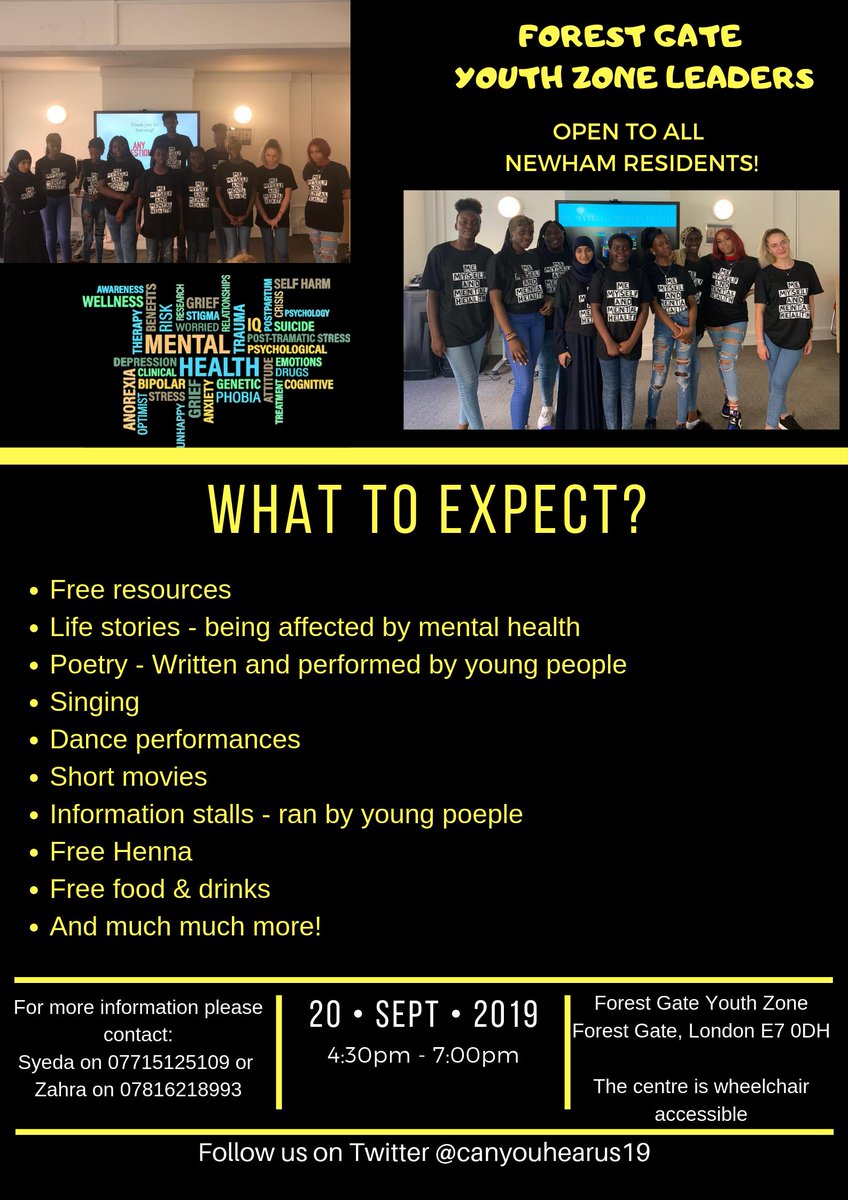 canyouhearus19's tweet photo. We're inviting Newham residents (families, older residents, professionals etc.) to come to our campaign event on Fri 20th September, 4:30pm-7pm 
@Forest Gate Youth Zone. RT

We want to raise mental health awareness through poetry &amp; film created by us! 
#memyselfandmentalhealth https://t.co/6xkAh0O2ge