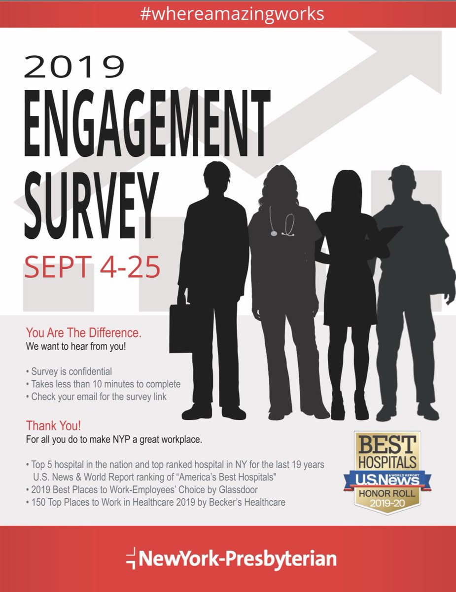 Today kicks off the FIRST day of the NYP 2019 Engagment Survey 👏! Be sure to check your NYP email for the survey link 🔗 or locate an 🙂 Engagment Champion on your campus/unit for further assistance 🗣 #whereamazingworks #NYPBMH #youropinioncounts