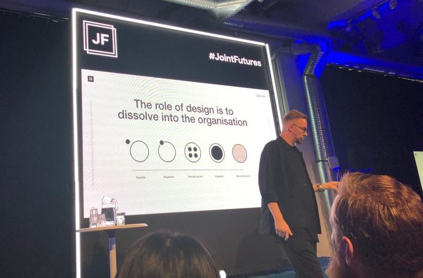 Haarniala's tweet photo. Great talk @jointfutures by @samin : 

“As designers, we need to give away our #power and focus more on empowering others, to become anti-fragile and truly strong.” 
#JointFutures #HolisticDesign #CraftOpsStrat 

(lead Pic by @annikahrrgrd) https://t.co/ORGswiQFMJ