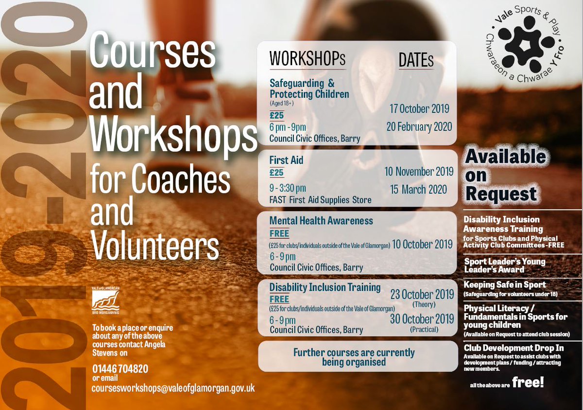 Disability Sport VOG (@valedsw) on Twitter photo FREE Coach Education Courses taking place for Coaches and Volunteers who are linked to any Sport or Physical Activity Club in the Vale of Glamorgan.
If you are interested in attending please email astevens@valeofglamorgan.gov.uk (please don't email the address on the poster) FREE Coach Education Courses taking place for Coaches and Volunteers who are linked to any Sport or Physical Activity Club in the Vale of Glamorgan.
If you are interested in attending please email astevens@valeofglamorgan.gov.uk (please don't email the address on the poster)