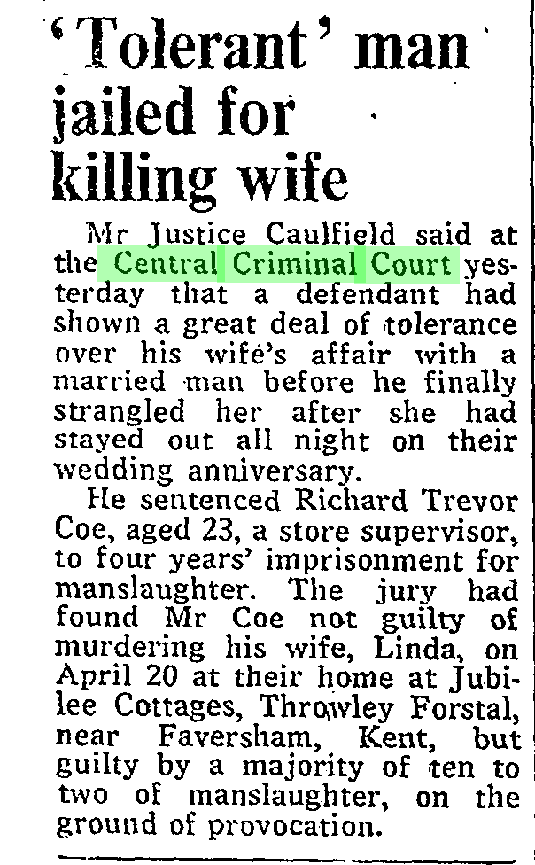 Man had tried 'tolerating his wife's affair, but was then 'provoked' into stabbing her to death, and thus not guilty of murder. Four years for Manslaughter at the Central Criminal Court. #ESRCvictims #Domesticviolence #crimehistory #TheTimes