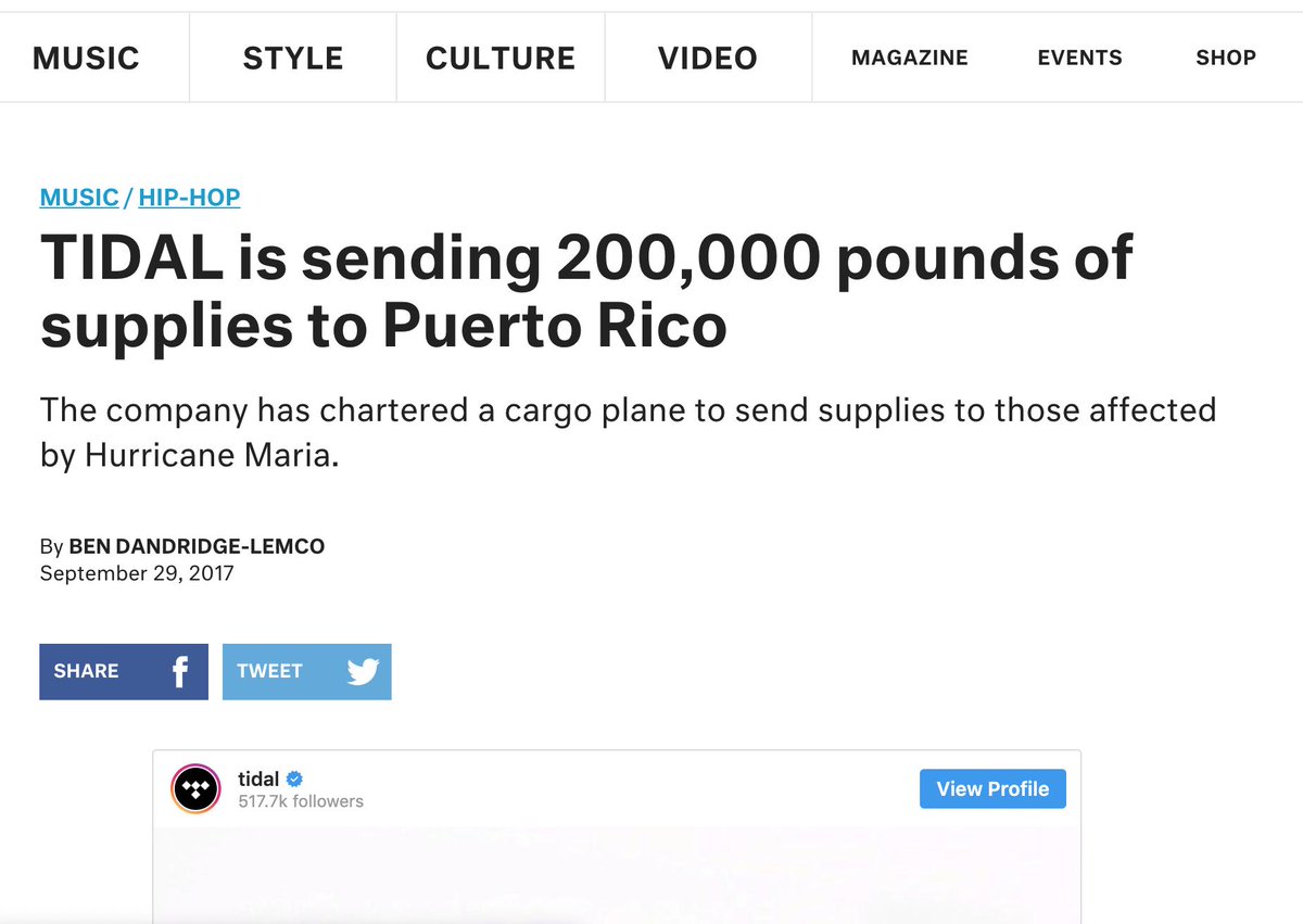 13. In 2017, the Carters (via  @Tidal) sent out 200k pounds of supplies to Puerto Rico & to help those affected by Hurricane Maria.