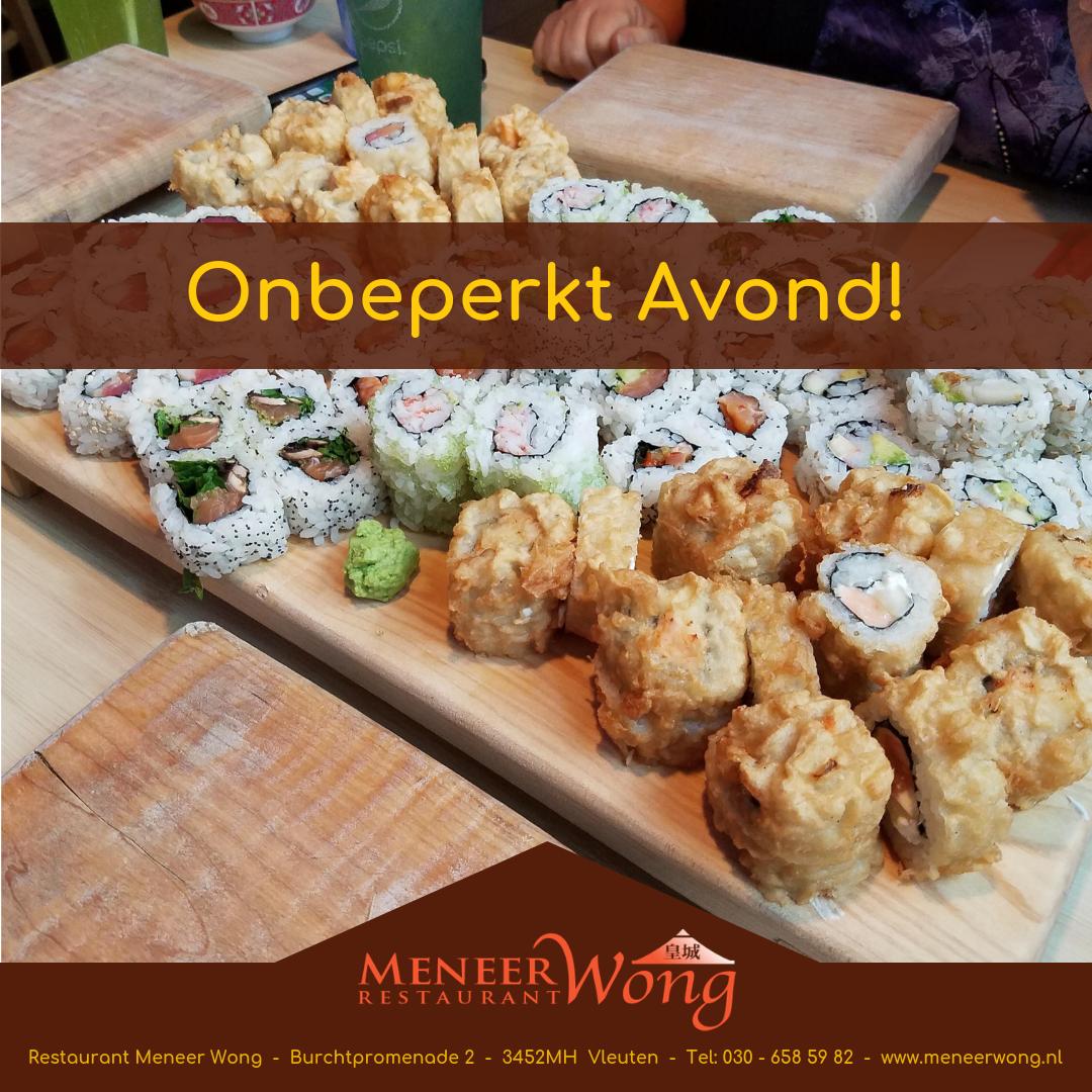 MeneerWong's tweet photo. **ONBEPERKT AVOND**

Nǐ hǎo,

Het is weer woensdag, dat betekend dat er vanavond weer onbeperkt gegeten mag worden bij Meneer Wong! 🍳🥘🍲🥗🍣🍤

Met wie zou jij dit graag komen doen? 😋😋

Zàijiàn! ⠀

#sushi #chineesrestaurant #utrecht #vleuten #japansrestaurant #sushirestauran https://t.co/0DkdJ152ff