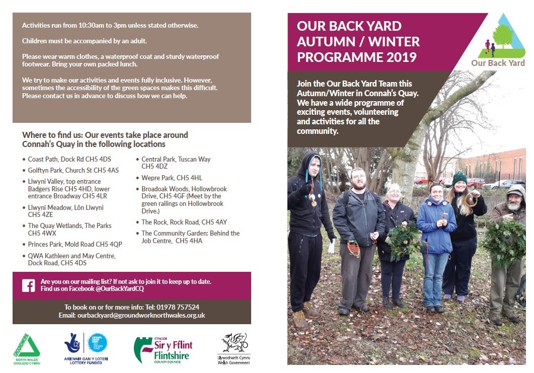 The new volunteering and events programme for Sept - Dec for the Our Back Yard Project is now available. Volunteers always welcome. <a href="/FCCcountryside/">Cefn Gwlad SyF - FCC Countryside</a> <a href="/ConnahsQuayTC/">Connah's Quay Town Council</a> <a href="/FLVCnews/">FLVC NEWS</a> <a href="/FlintshireCC/">Cyngor Sir y Fflint / Flintshire County Council</a> <a href="/FWeprepark/">Friends of Wepre Park</a>