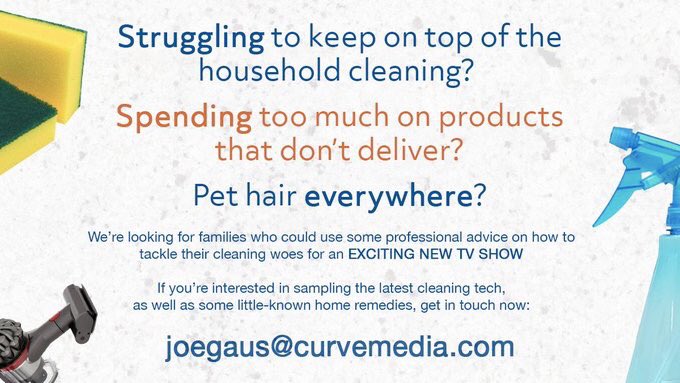 OfficialCastMe's tweet photo. From the makers of #CalltheCleaners 
@curvemediaTV If you're struggling to keep your house spick and span, apply now: https://t.co/U5qaVYzoLU  #HouseProud #Cleaning #Casting #TVCasting #BeOnTV https://t.co/nrrBPR1V9M