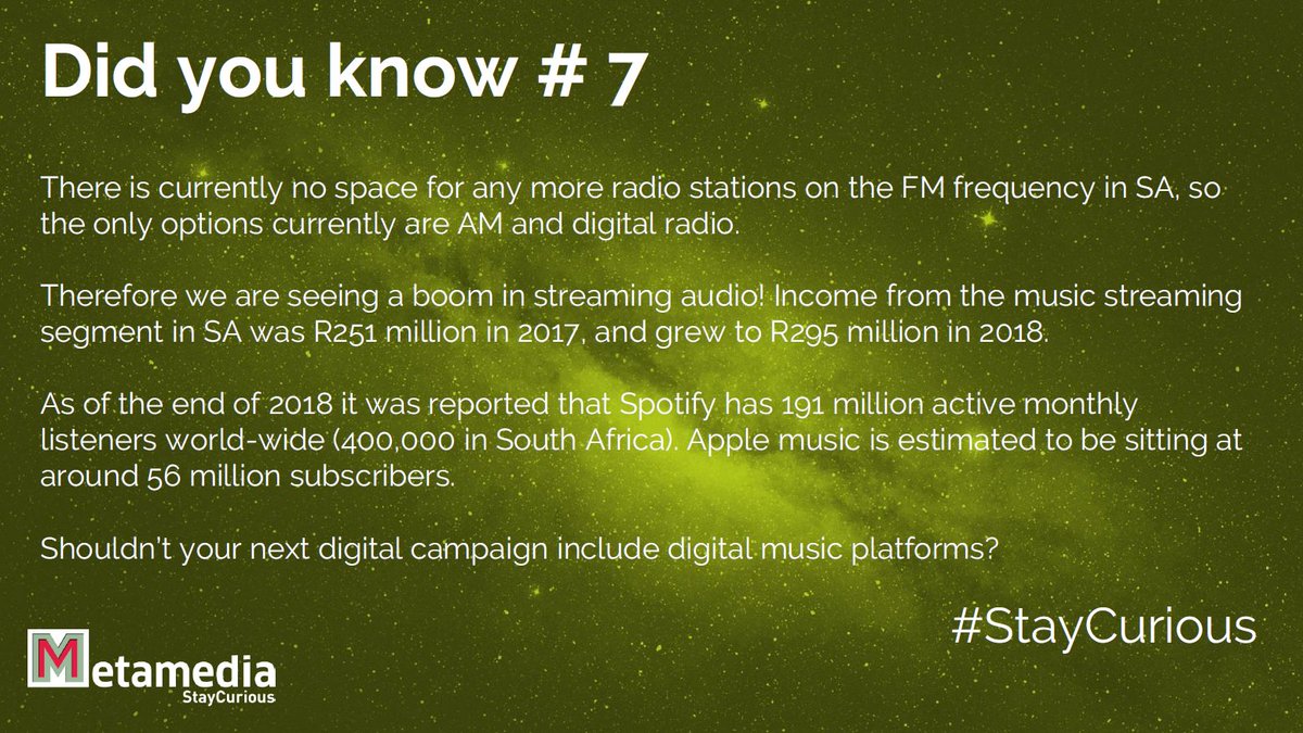 meta_za's tweet image. #didyouknow or rather #doyouknow why we are seeing an increase in streaming audio?

#SouthAfrica has no more space on the FM frequency for any more radio stations!

#knowledgemanagement #knowmore #staycurious #radiotrivia #radio #streamingservices #streamingmedia