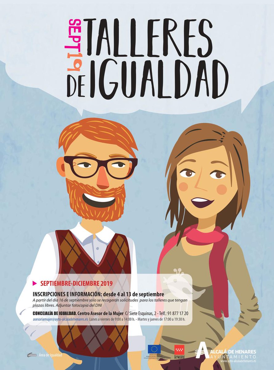 🧔👩 Abierto el plazo de inscripción a los Talleres de Igualdad septiembre-diciembre 2019

Más información y formularios de inscripción ➡️ayto-alcaladehenares.es/portalAlcala/c…

ℹ️ Los formularios han de ser entregados en el Centro Asesor de la Mujer (C/ Siete Esquinas, 2)