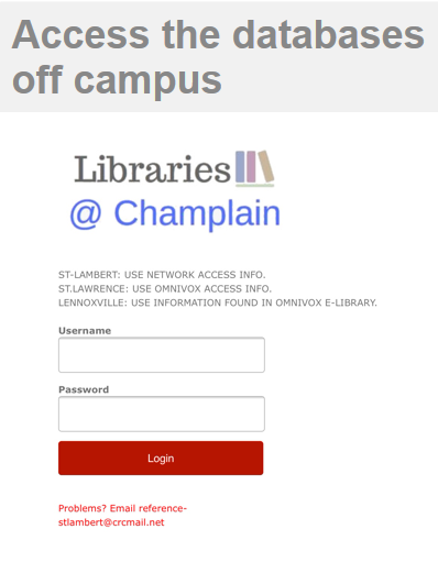 champlibrary's tweet image. To access Library databases off-campus you need your student id number and your password for the college computers. Need help? Ask us!
#remoteLogin #databaseAccess #libraryDatabases