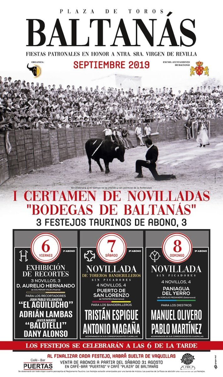 SentirTaurino1's tweet photo. BALTANÁS (PALENCIA)

- Viernes 6 de septiembre, Exhibición de cortes con novillos de Aurelio Hernando.

- Sábado 7, novillos de Puerto de San Lorenzo para Tristán Espigue y Antonio magaña.
- Domingo 8, novillos de Paniagua del Yerro para Manuel Olivero y Pablo Martínez. https://t.co/o4zspeBHZo