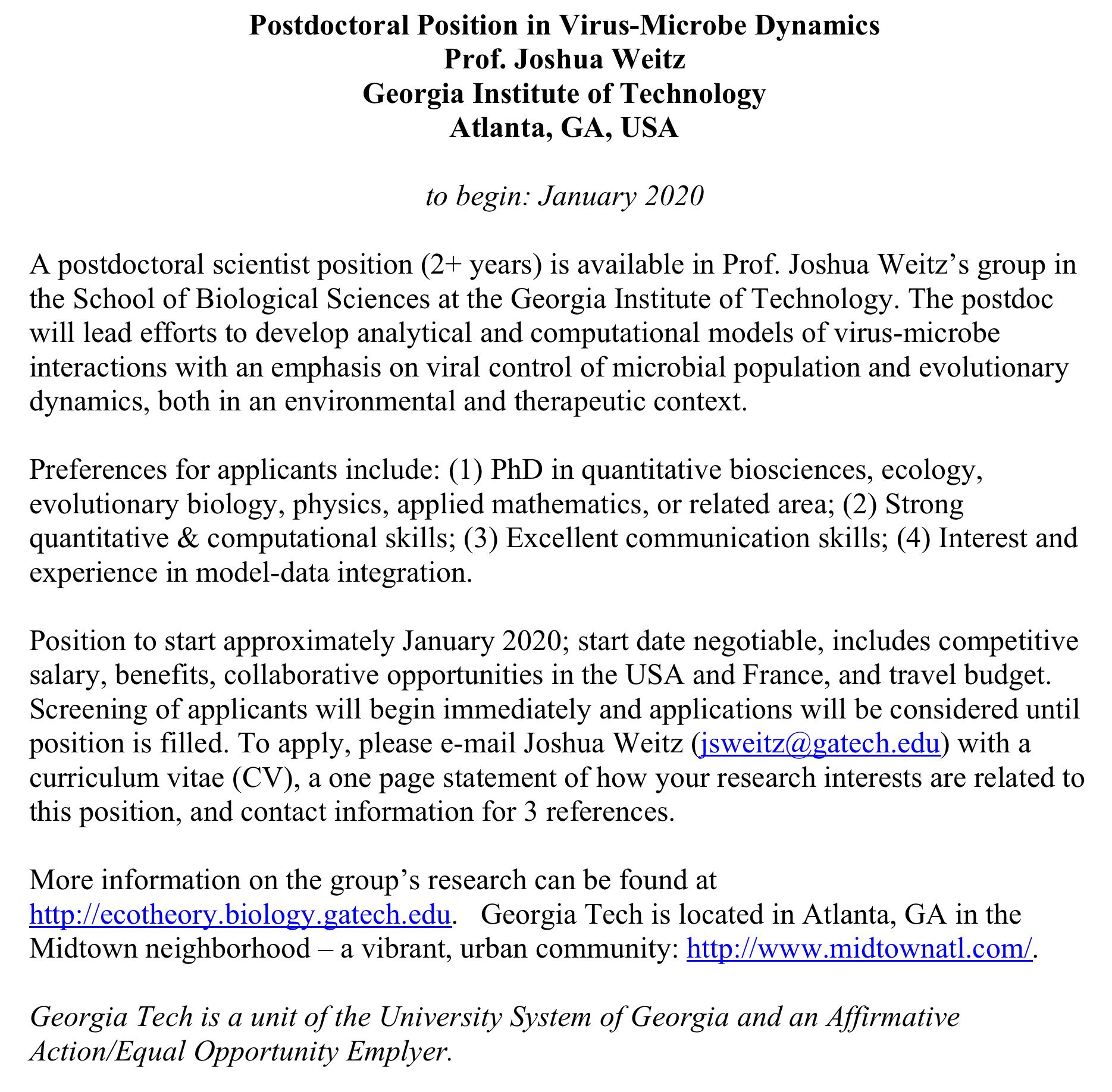 Joshua Weitz on Twitter: "In your last year of your PhD... and looking for  an interdisciplinary postdoc, combining theory, computation, model-data  integration, therapeutics, and virus-microbe dynamics? @weitz_group is  hiring, start date ~Jan