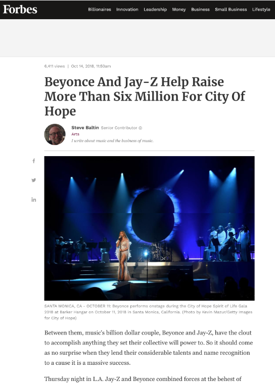 16.Beyoncé raised more than $6M for cancer research & cancer treatment, with JUST a 10-minute performance of "XO", "Ave Maria", "Perfect" & "Halo". @Forbes called this charity event a MASSIVE success.