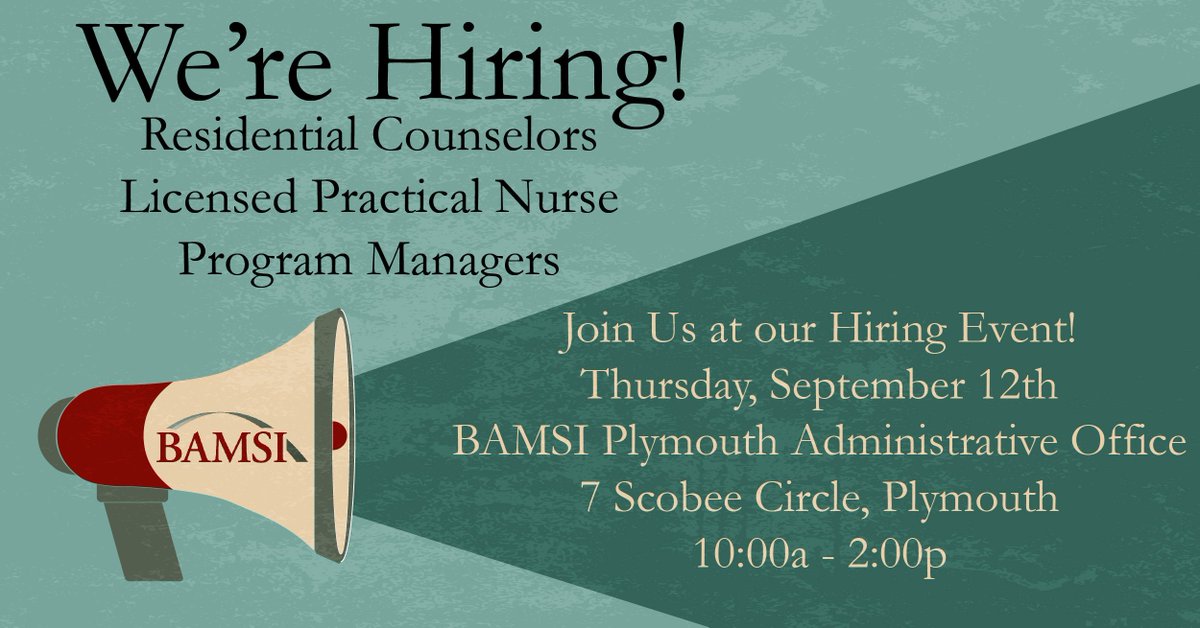 We're holding a #hiring event at our #Plymouth Admin Office at 7 Scobee Circle from 10a-2p. We are Hiring for Residential Counselors, LPNs and Program Managers.
Don't forget your resume! #HiringNow
