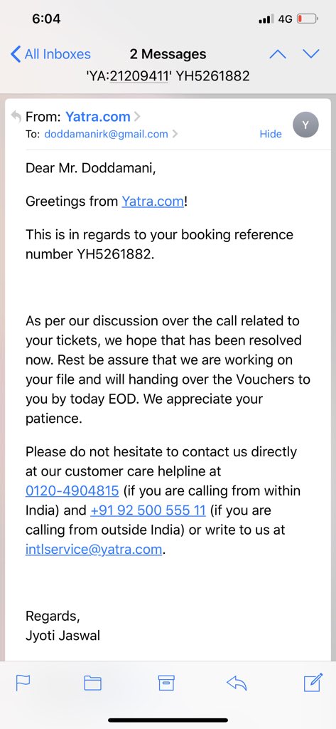 Doddamanirk's tweet photo. @DhruvShringi hope you’re following this thread, 3 escalations to CEO and the team is still giving false promises. Attached - conversation with ops team, absolutely no voucher or even a welcome email shared with me. @YatraOfficial https://t.co/7T7HthFvUJ