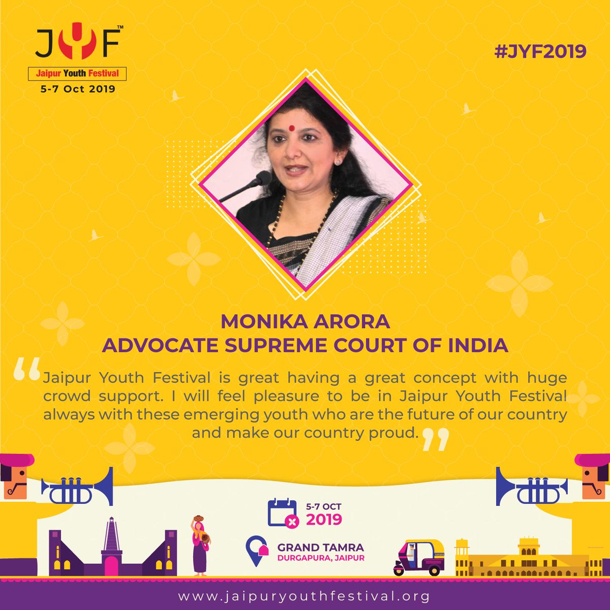 jyf2019's tweet photo. This is what Monica Arora, Advocate, Supreme Court of India and a speaker at JYF 2018 has to say about the festival. The Jaipur Youth Festival is scheduled from 5th to 7th October 2019. Register now to be a part of some wise sessions. #JYF2019 #JYFUNITED #JYF #JaipurYouthFestival https://t.co/2PwlOR66W7