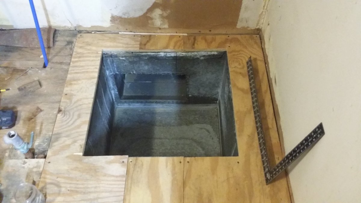 Finally back to action today!Floor where furnace mounts is now reinforced from damage caused by impropper mounting of previous unitIron reinforcement brazed together for perimeter of opening in prep for reducing opening to accept the modern unit--& yes I am recycling material.