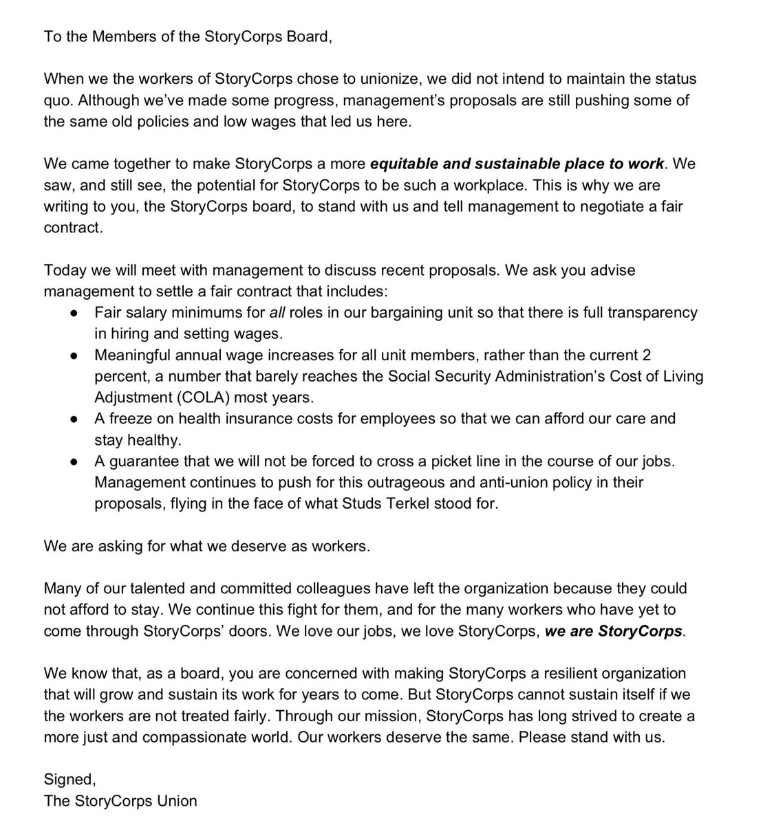StoryCorpsUnion's tweet photo. As we head into bargaining today, we wanted to remind the .@StoryCorps board of the importance of settling a #FairContractNow. Please read and share our open letter to the board and #StandwithStoryCorps! https://t.co/ULkROA4IoH