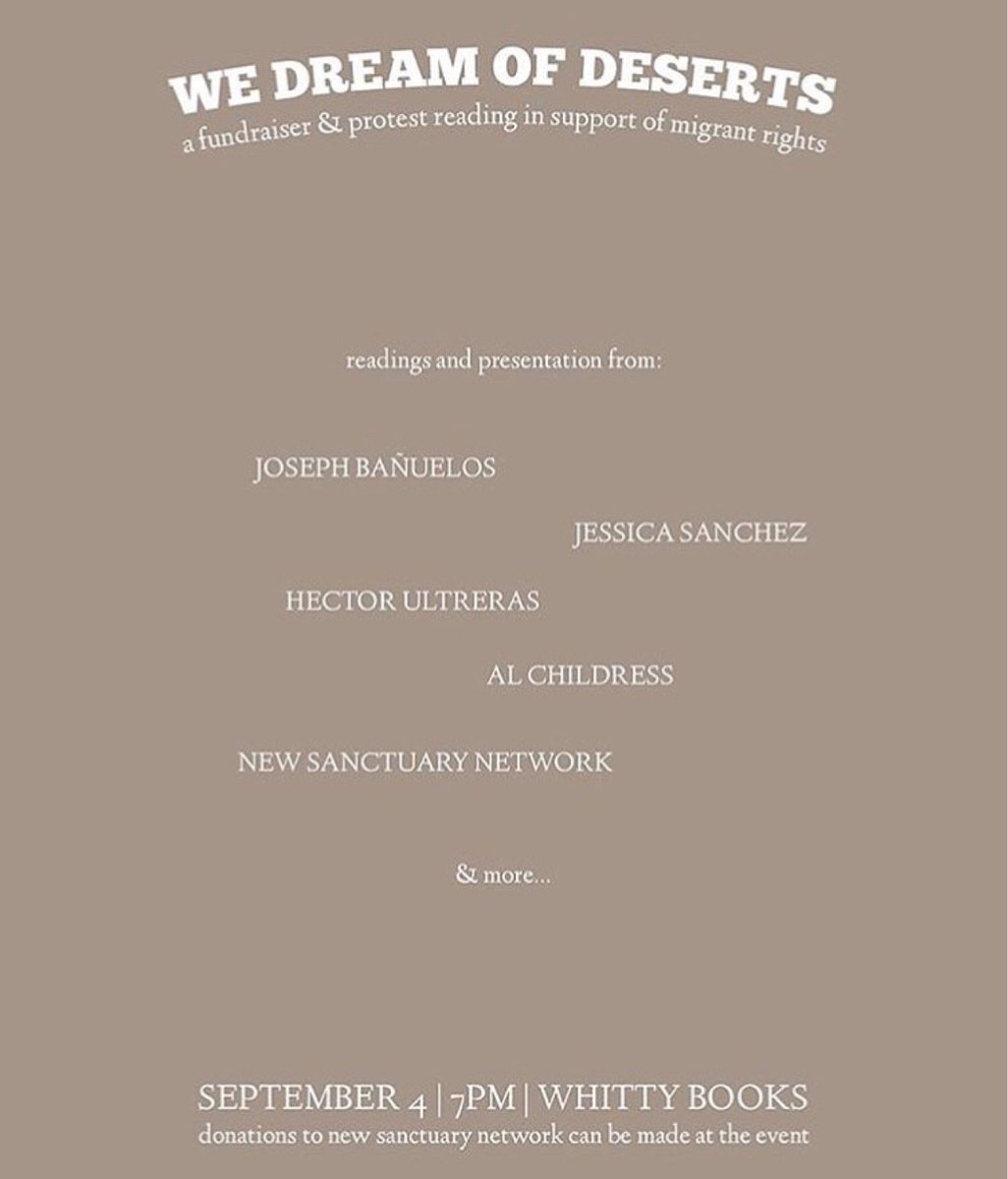 NsuWrite's tweet image. Are you in Tulsa? Well, you should be at 7 p.m. tonight, specifically at Whitty Books! They're having a fundraiser and a protest reading for migrant rights, feat. our rad president! Hope to see you there!