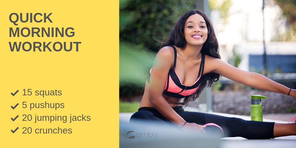 embry_tech's tweet image. Before leaving for work or college, do this quick morning workout and have an energetic day ahead. 🤸‍
#EmbryTech #StepToYourHealth #MorningWorkout