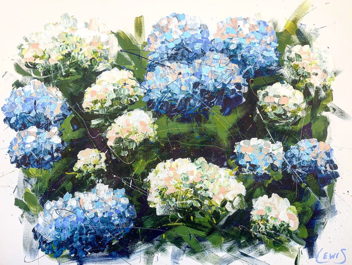 Loose painting of hydrangeas. 3ftH x 4ftW. Acrylics on canvas. This is my first floral piece in a while. I had forgotten how fun they are. Color and structure possibilities are endless!