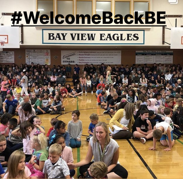 b_esdSetterlund's tweet photo. Bay View Eagles first day assembly. #WelcomeBackBE @PrincipalBV https://t.co/k1P6b9mcPv
