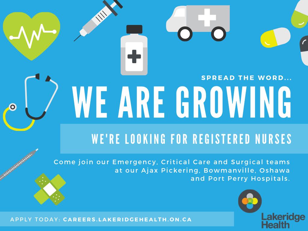 LakeridgeHealth's tweet photo. Att'n #RegisteredNurses! Looking to grow your career? Join our #nursing team. We're hiring #RNs in #Emergency, #CriticalCare & #Surgical depts. Find more about opportunities https://t.co/JzQbgp6bo2 @RNAO @RNAO_durham @RNAO_Kingston @durhamcollege @UofTNursing @RyersonNursing https://t.co/B9nQvWo9T8