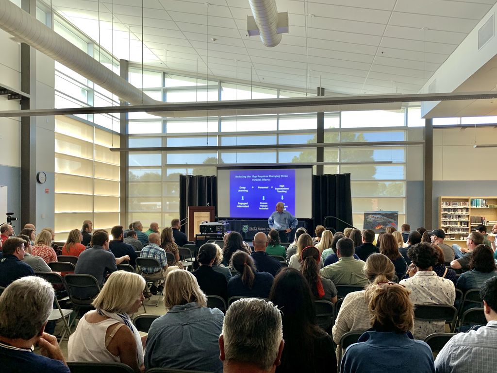 EssexNorthShore's tweet photo. We were so honored to have Dr. Jon Saphier speak to our faculty and remind us that “Smart is something you (anyone) can get”. When we asked Jon to sign our drone photo, he replied “I’ll sign on the roof because you are going to blow the roof off this year!” #HawkTalk #ENSATS https://t.co/c7U9uqVpMn