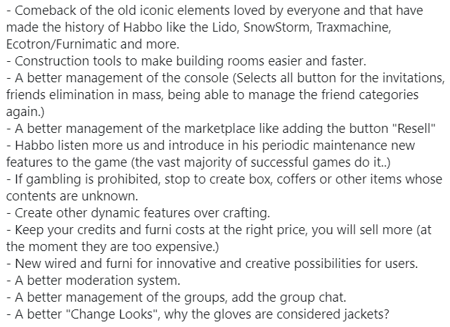 HabboTra's tweet photo. * Wishlist for #Habbo2020 *

We think that the abandonment of flash to another platform represents the last hope for #MakeHabboGreatAgain. It's therefore a delicate passage and @Habbo cannot afford to make mistakes. Here then some tips (feel free to comment to add others if want) https://t.co/QVLyDpueWl
