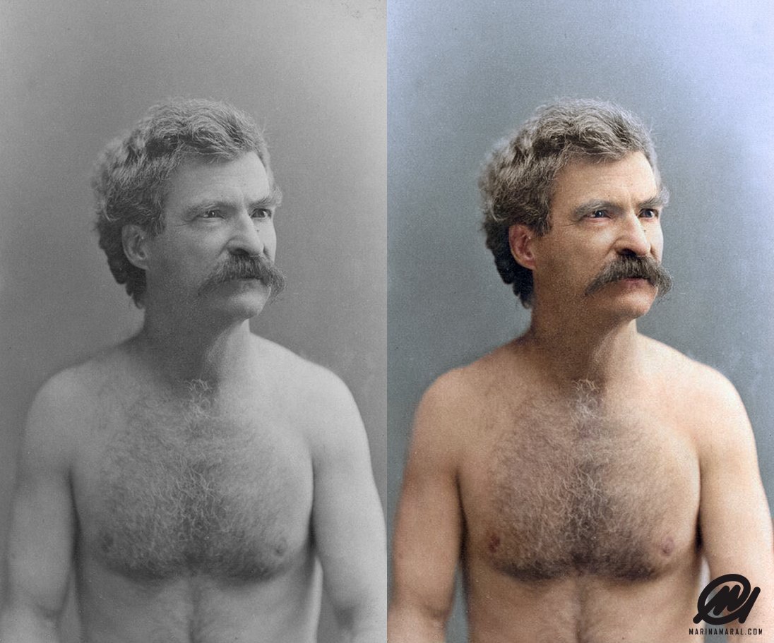 I colorized a photo of Mark Twain shirtless taken in 1883. 