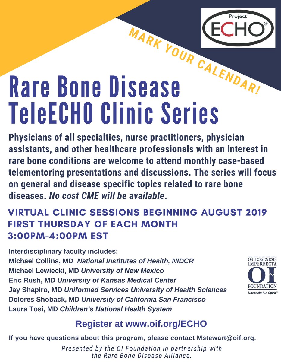 OI Foundation (@oifoundation) on Twitter photo The second Rare Bone Disease TeleECHO Clinic session will take place tomorrow! For more information or to register, visit oif.org/ECHO. <a href="/RBDAlliance/">Rare Bone Disease Alliance</a> The second Rare Bone Disease TeleECHO Clinic session will take place tomorrow! For more information or to register, visit oif.org/ECHO. <a href="/RBDAlliance/">Rare Bone Disease Alliance</a>