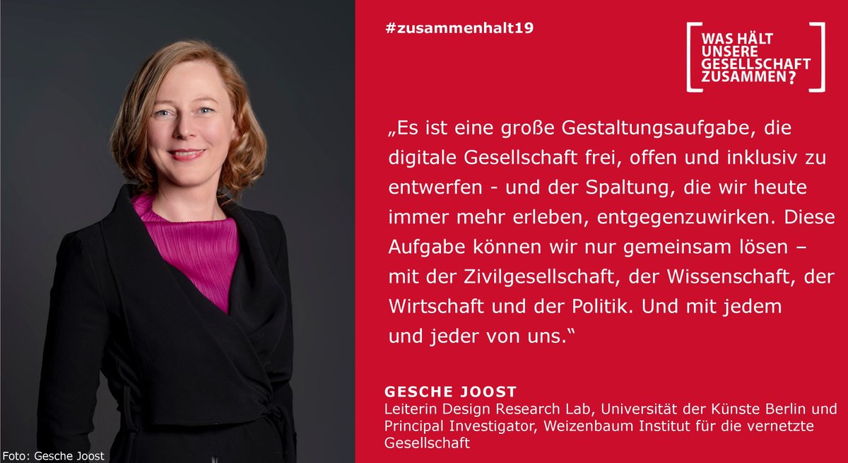 HoltzbrinckBLN's tweet photo. |@GescheJoost Leiterin #DRLab Berlin und PI @JWI_Berlin sieht mit der digitalisierten Gesellschaft eine große Gestaltungsaufgabe verbunden. Über mögliche Lösungen + Herausforderungen spricht sie bei #zusammenhalt19 der @ZEITstiftung Hier anmelden: https://t.co/3whPORwfBJ
#GG70 https://t.co/tYTXtz7jK6