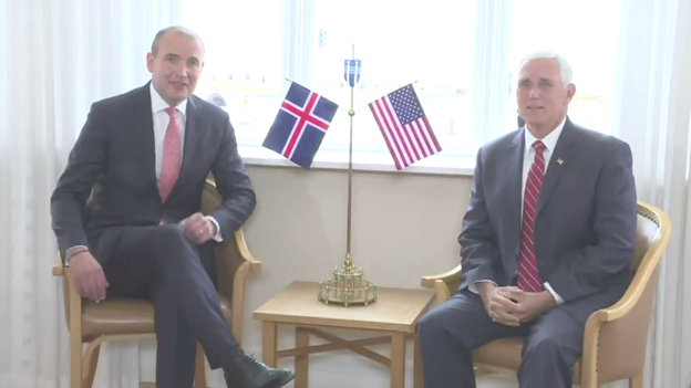 markknoller's tweet photo. At historic Hodi House in Reykjavik, where in 1986 Pres Reagan held nuclear talks with Pres Gorbachev, @VP is welcomed to Iceland by Pres Johannesson. They sit in the same chairs and position once occupied by Reagan &amp; Gorbachev. https://t.co/NWoJuqFZR2