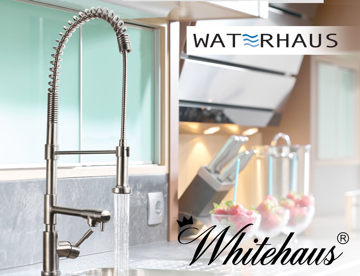 The solid stainless steel Waterhaus WHS1644 commercial faucet features a flexible pull down spray head with two separate control levers (for spout and spray), swivel support bar and spout. It is available in Brushed and Polished Stainless Steel.

whitehauscollection.com/product/whs164…