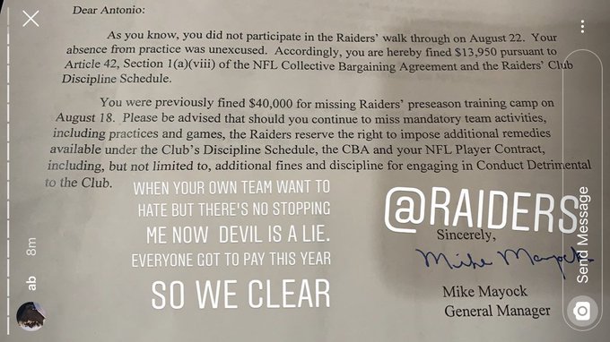 picture of letter informing Antonio Brown of his fine. 