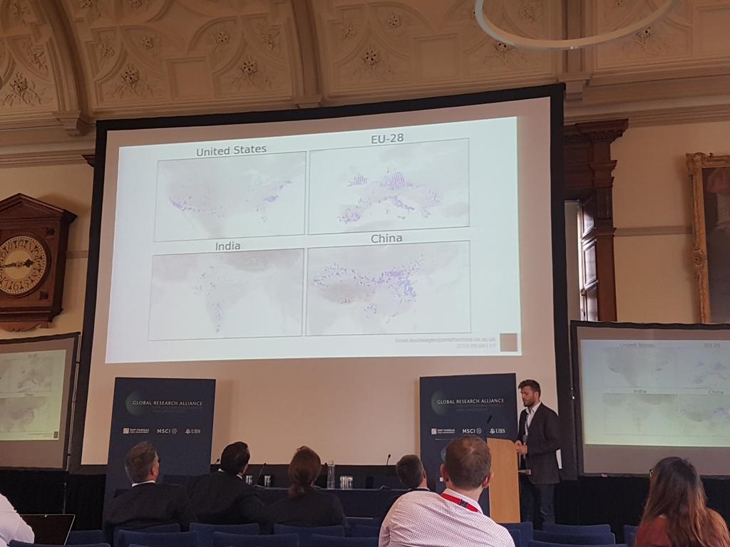 FinanceSpatial's tweet image. Excellent #SpatialFinance and Asset-Level Data showcase by Lucas Kruitwagen @TheSmithSchool, using satellite data to create a global inventory of utility scale solar PV stations! Indicating transition risk for utility owners and their investors. #GRASFI2019 @susfinalliance